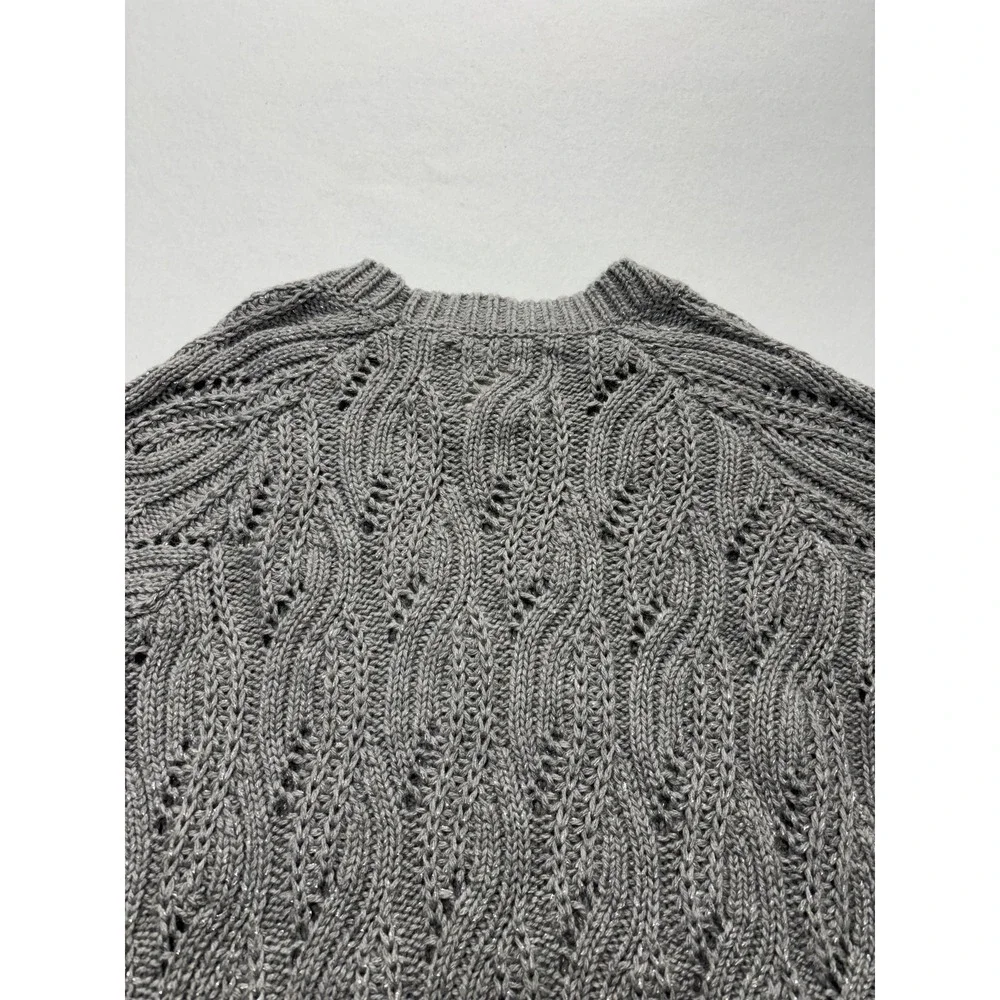 Lucky Brand Sweater Womens Small Gray Open Knit Crew Neck Raglan Glitter Alpaca - Picture 11 of 13